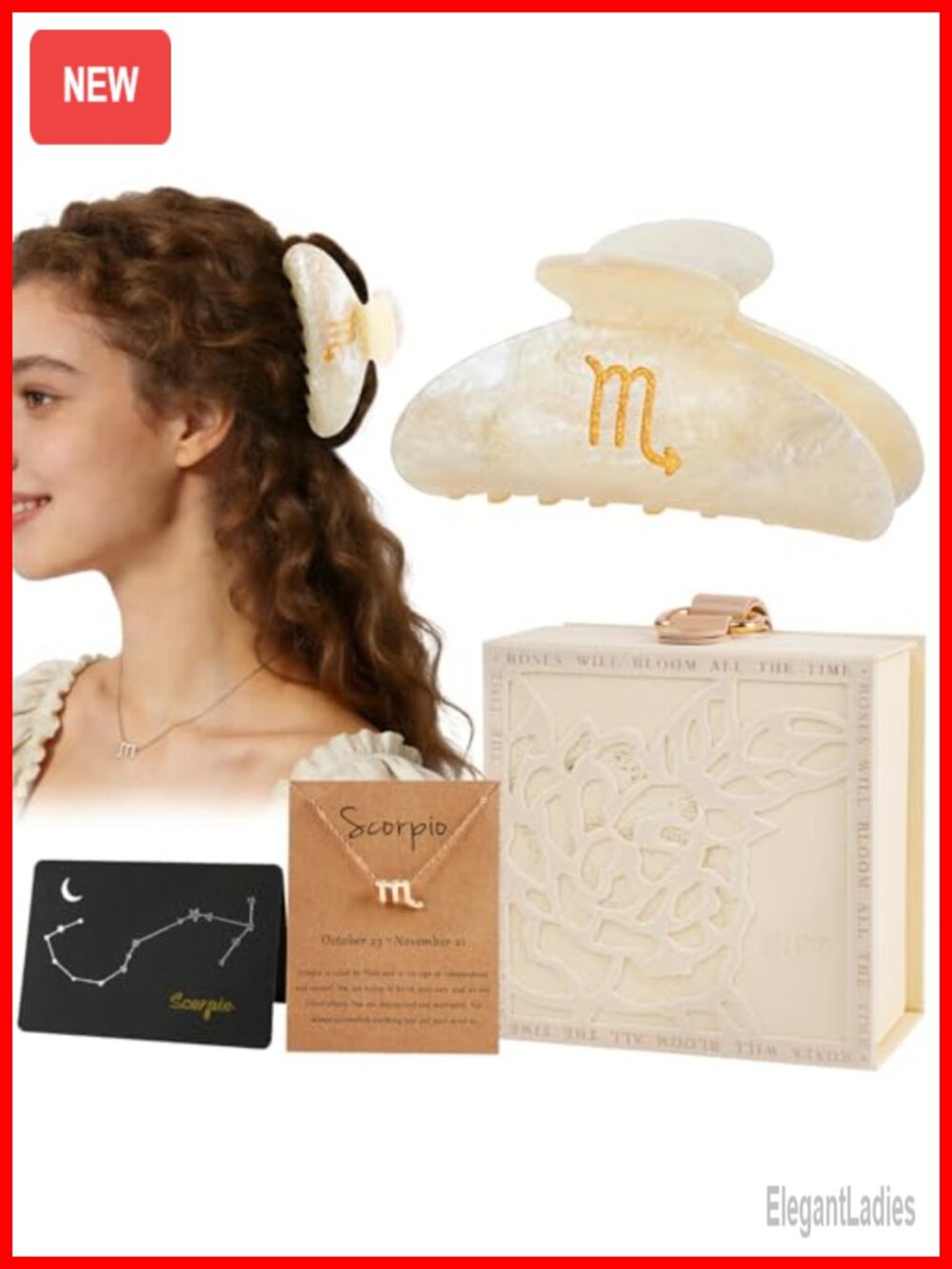 Scorpio Gift Set for Women Marble Acrylic Hair Claw & Zodiac Necklace Astrology